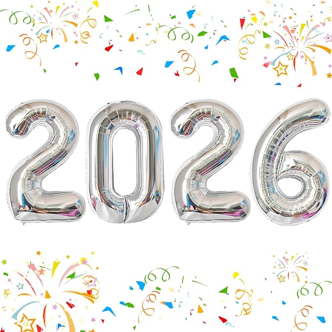 KALOR 42 Inch 2026 Silver Foil Mylar Number Balloons, 2026 New Years Decorations for 2026 Happy New Year Eve and Graduations Party Supplies