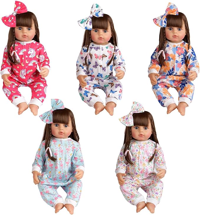 Reborn Baby Doll Clothes Accessories, 5 Set of Doll Clothing, Jumpsuit Bow Headband Outfits for 20 Inch to 22 Inch Dolls, 10 PCs in Total Doll Outfits and Accessories