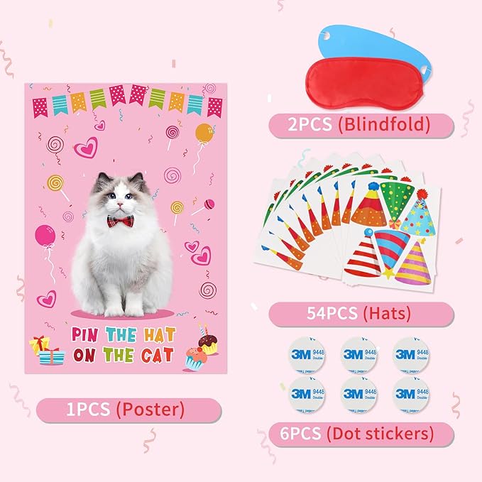 Hooqict Pin The Hat On The Cat Party Game Cat Birthday Party Games for Kids, Cat Birthday Party Supplies Decorations for Girls Boys, Large Pin The Tail Poster with 54 Hat Stickers
