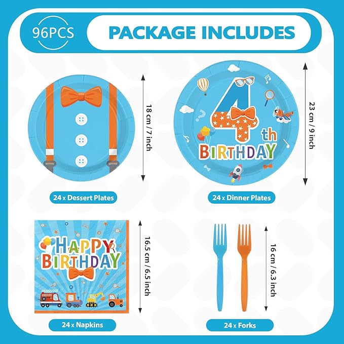 96Pcs Cartoon Teacher Theme Party Supplies Happy 4th Birthday Plates and Napkins Orange Blue Theme Tableware Set for 4th Boys Teenagers Cartoon Birthday Party Decorations Serves 24
