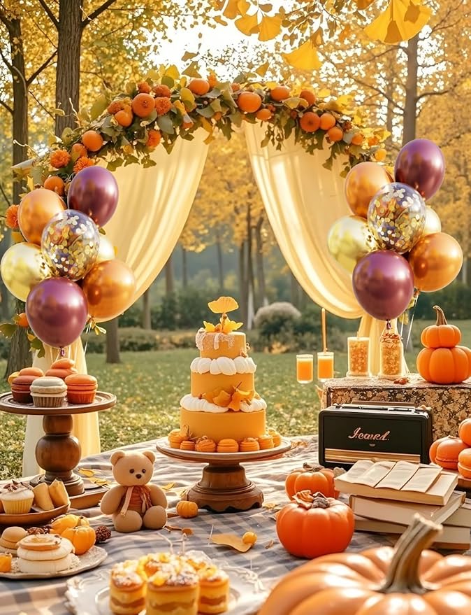 Fall Balloons Thanksgiving Party Balloons - 12 Inch Fall Color Balloon Burgundy Orange Metallic Gold Confetti Balloon for Autumn Little Pumpkin Baby Shower Harvest Thanksgiving Party Decoration