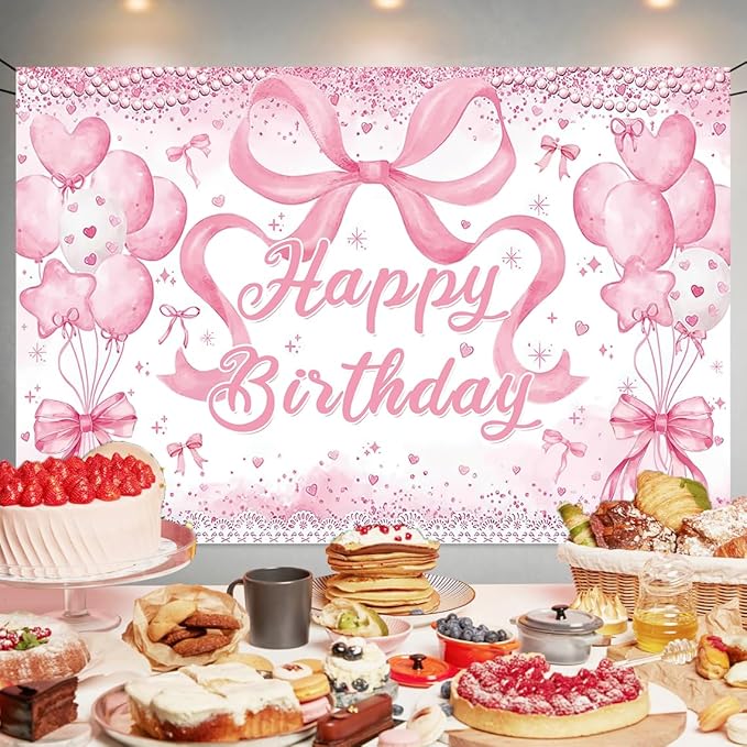 Cute Pink Bownot Birthday Party Backdrop Pink Bow Balloon Happy Birthday Banner Photography Background for Girls Teens Party Supplies 70.8 x 47.2 Inch