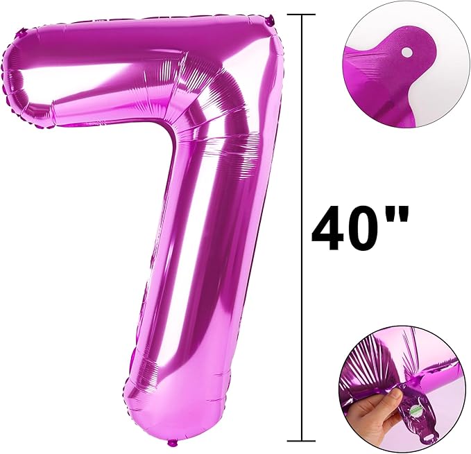 40 Inch Rose Purple Large Balloon Number 7 Balloon,Jumbo Mylar Foil Helium Balloon for 7 17 27 37 47 57 Birthday Digital Balloons for Birthday Party,Wedding Anniversary Party Decorations