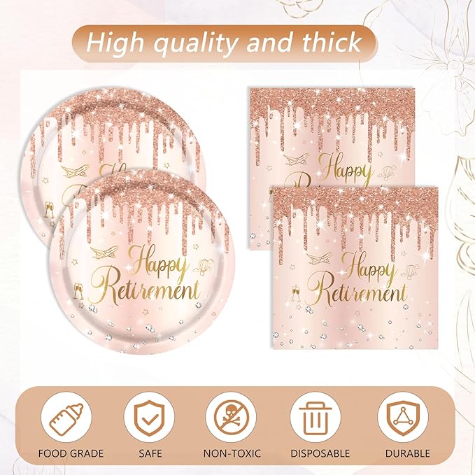 41Pcs Rose Gold Retirement Party Decorations Happy Retired Party Supplies Disposable Tableware Set Include Retirement Plates Napkins Tablecloth, for Woman Say Goodbye Party ,Serves 20