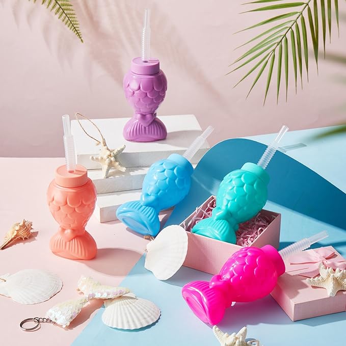 Sliner Mermaid Tumblers with Lids and Straws, Mermai Cups Favors Summer Plastic Sipper Cups for Kids Mermai Birthday Party Gifts Supplies Decorations(24 Pcs, Mermaid)