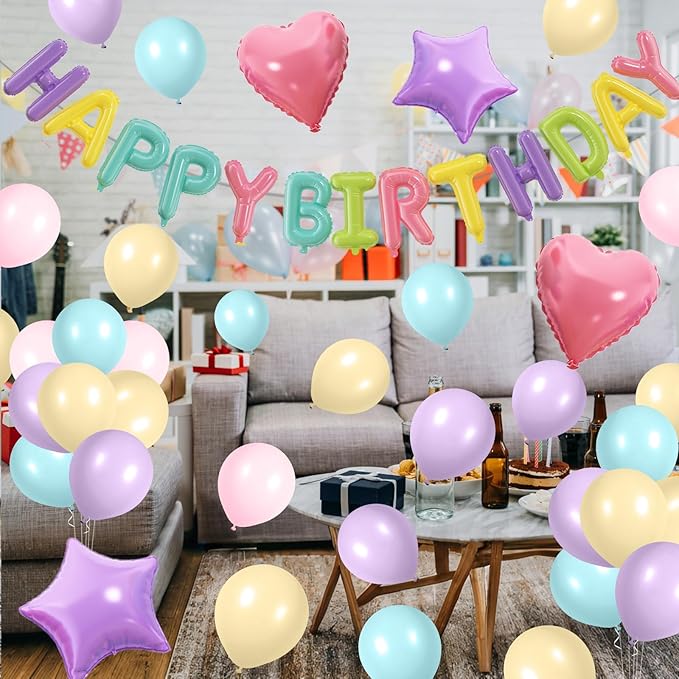 29PC Pastel Rainbow Happy Birthday Balloon Banner,16 Inch Foil Letters Letter Banner Sign, Macaron Colorful Latex Balloons 18 Inch Star Heart Foil Balloon for Women Girls Party Decor