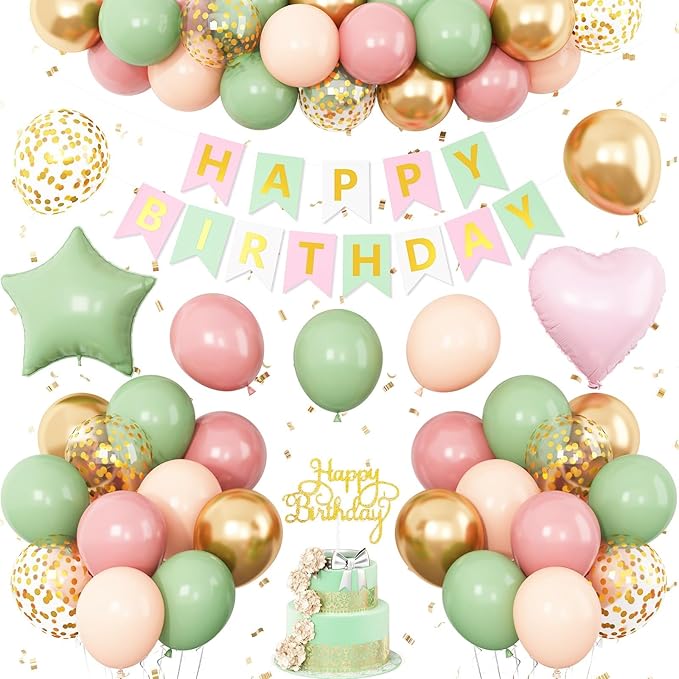 Pink and Green Birthday Decorations,Sage Green Retro Pink Balloons Decor Happy Birthday Banner Star Heart Foil Balloon Cake Topper Party Supplies for Women Girl Boys Baby Shower