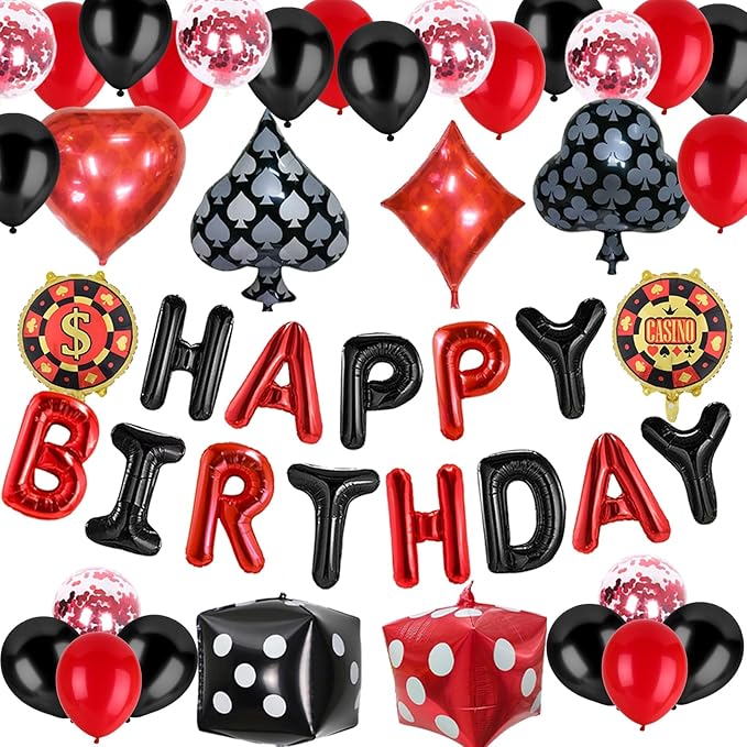 Casino Theme Party Decorations Las Vegas Poker Night Birthday Decorations Set, Aluminium Foil Happy Birthday Banner, Dice, Chips, Poker Signs, Latex Balloons