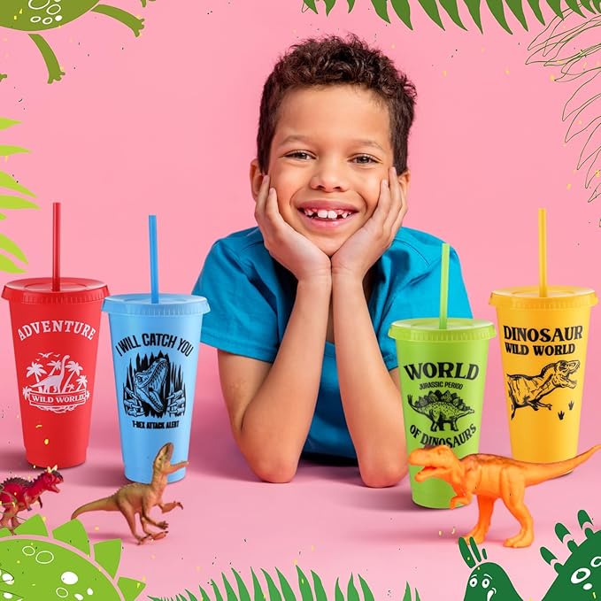 Mifoci 24 Pcs Dinosaur Party Favor 24 oz Plastic Cup with Lids and Straws Set Kids Reusable Dinosaur Cup Decorations for Beverage Birthday Party Dino Supplies (Colorful)