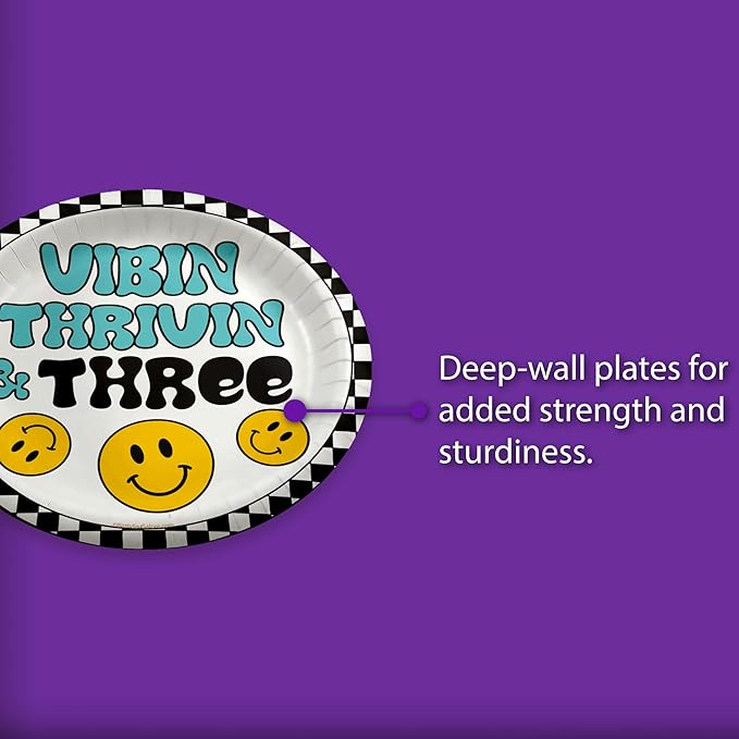 Vibin Thrivin' and Three Smiley Face Third Birthday - 32 Piece Disposable Party Supplies - Decorations for Boy's 3rd Birthday Round Party Plates - Large 9" Paper Plates In Bulk
