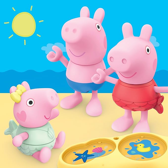 Peppa Pig Siblings Beach Day Playset with 3 Figures and 5 Accessories, Includes Baby Evie, Preschool Toys for Girls and Boys 3 and Up