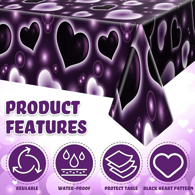 Tudomro 3 Pack 2000s Tablecloth Decoration 54 x 108 Inches Cholo Party Table Cover Y2k Party Decoration Heart Disposable Kpop Table Cloth for Birthday Supplies(Purple)