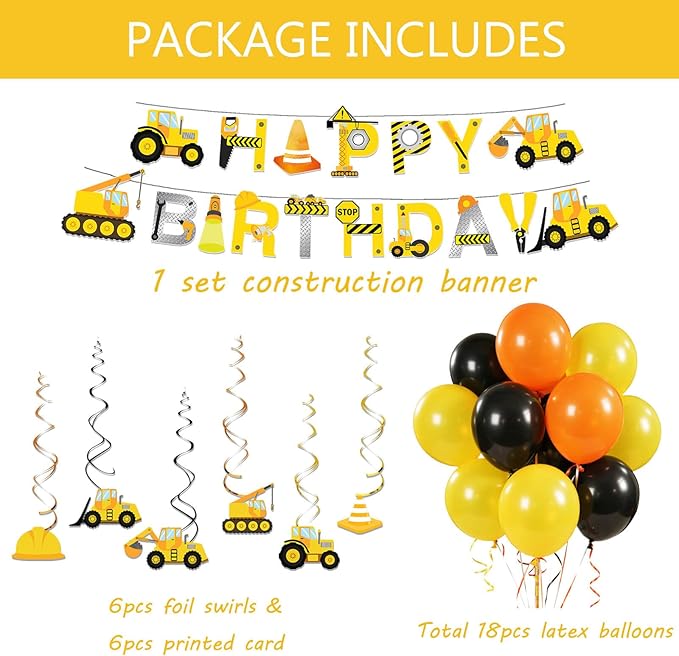 210 Pcs Construction 4th Birthday Decorations - Includes Plates Napkins Cups Cake Cupcake Toppers Banner Hanging Swirls Tablecloths Balloons for Construction Boy Four Years Old Bday Party Supplies