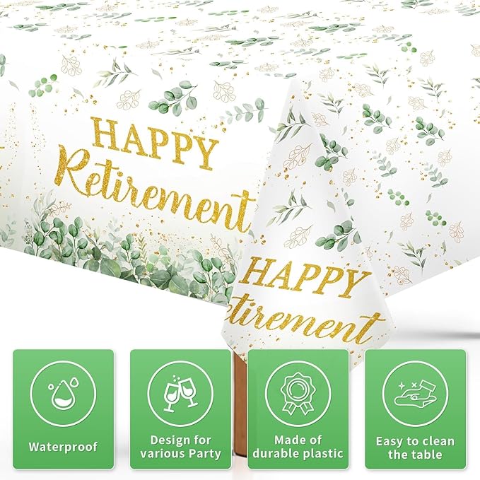 3Pcs Sage Green Retirement Party Decorations Greenery Happy Retirement Tablecloth Plastic Rectangle Gold Green Retired Table Cloth for Women Men Teachers Goodbye Going Away Party Supplies 54" x 107"