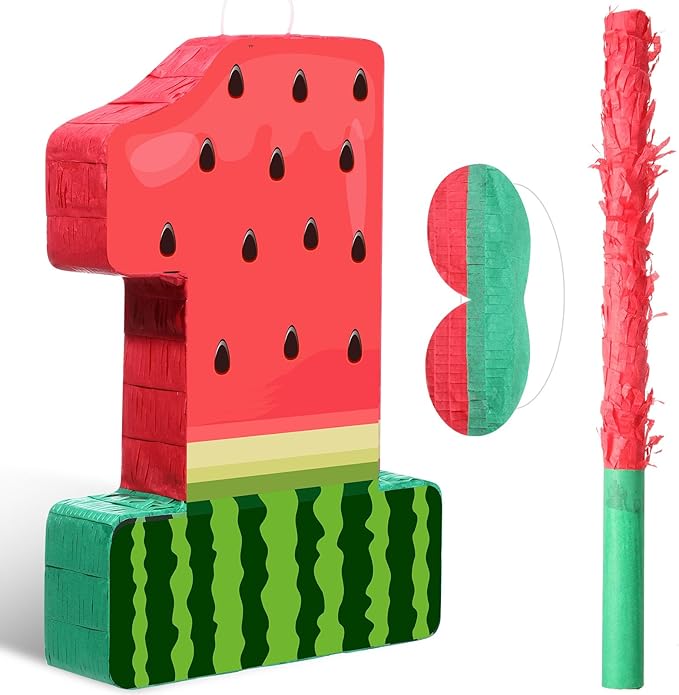Watermelon Piñata Fruit Number 1 Red Watermelon 1st Birthday Piñata with Bat Stick Blindfold Mask Confetti for Summer Theme Summer Birthday Party Supplies (1)