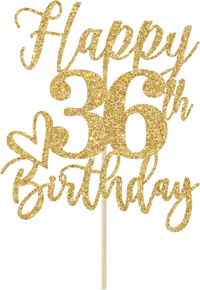 Happy 36th Birthday Cake Topper, 36th Birthday Decorations, Cheers to 36 Years, 36 Happy Birthday Party Supplies Gold Glitter