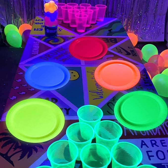 50 Pcs Colorful Neon Party Plates - Glow in the Dark Supplies Neon Birthday Paper Plates for Let's Glow Party Decorations Halloween, 9 x 9 inches