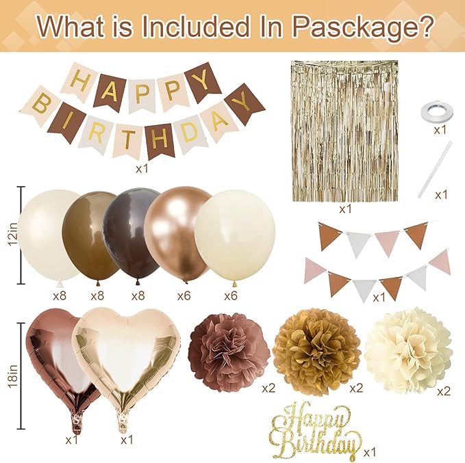 Brown Birthday Decorations, Tan Beige Cream Neutral Boho Balloons Happy Birthday Banner Fringe Curtain Heart Foil Balloons for Women Boys Girls Boho Baby Shower Bachelorette Party Decoration Supplies