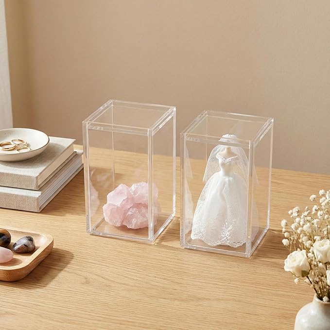 Frcctre 2 Pack Clear Acrylic Display Case, 3x3x4.5 Inches Small Stackable Showcase with Sliding Door, Dustproof Blind Box Organizer Cases for Mini Figures, Collectibles, Toys, Action Figures