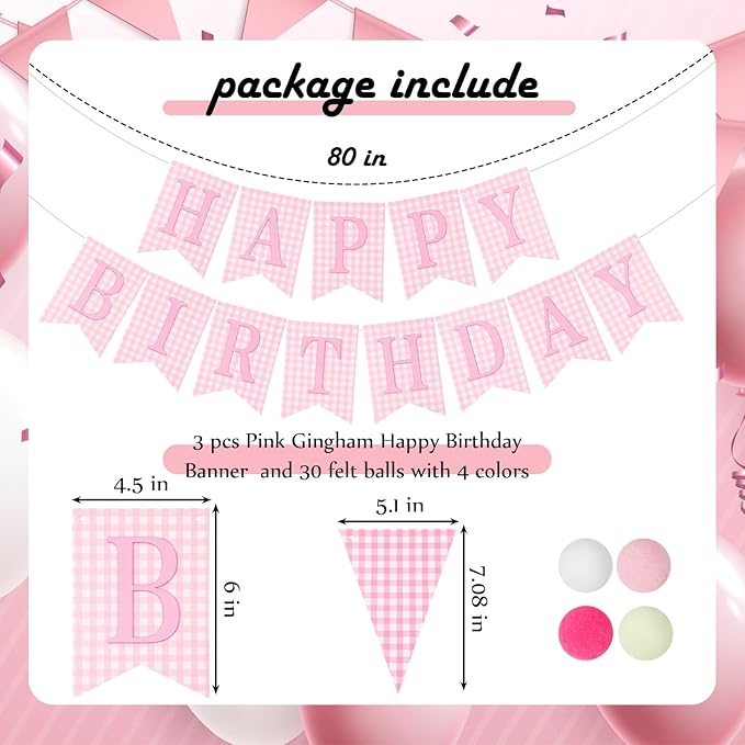 Set of 4 Pink Gingham Happy Birthday Banner Plaid Checkered Pennant Banner Decorations Felt Ball Happy 1st Birthday Garland for Gingham Party Supplies