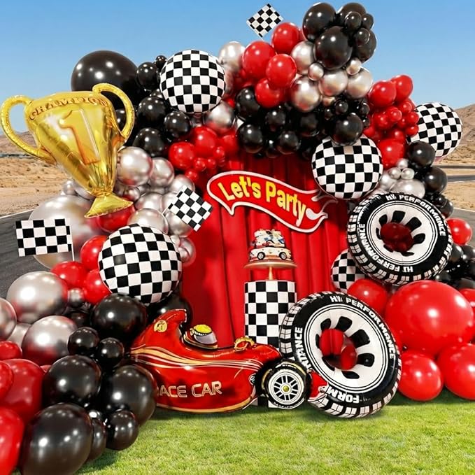Race Car Balloons Arch Kit -Trophy, Flags, Cars, Tire, Checkered, Wheels and Red Black Silver Balloon Garland Kit for Racing Car Theme Two Fast 2nd One Theme 1st Boy Birthday Party Decoration