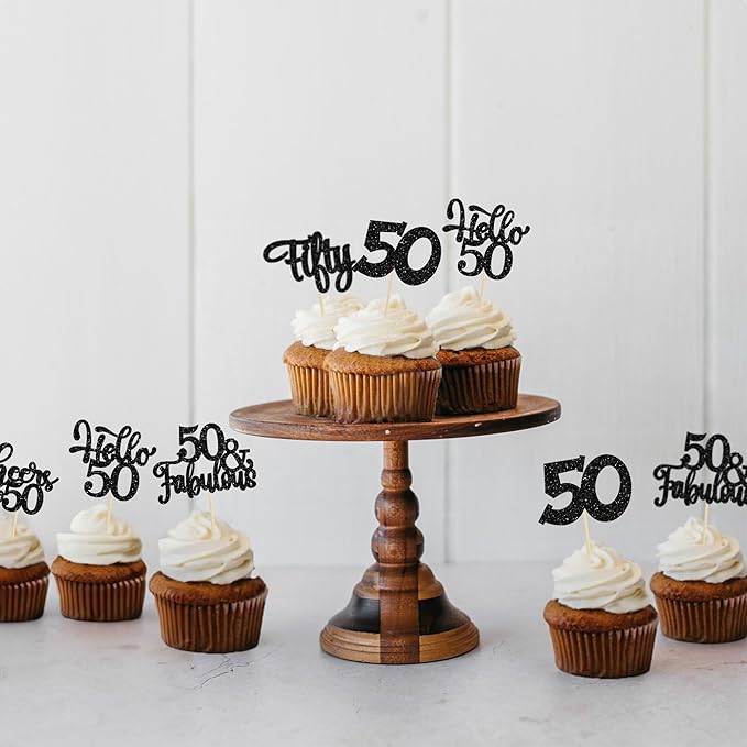 30Pcs Happy 50th Birthday Cupcake Toppers Black Glitter Fifty Cheers to 50 Years Old Birthday Cupcake Picks for 50th Birthday Anniversary Party Cake Decorations Supplies