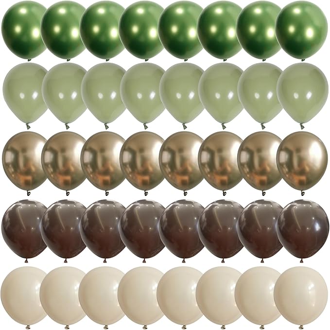 Sage Green Brown Safari Balloons, 60PCS Dusty Olive Green Coffee Beige Metallic Gold Eucalyptus Latex Balloon, Camo Army Hunting Balloons for Woodland Baby Shower Birthday Party Decorations Supplies