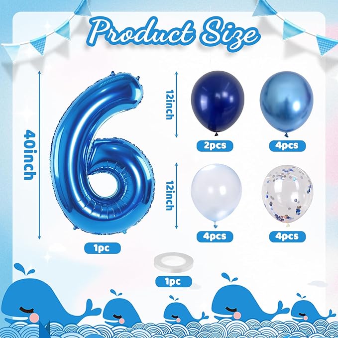 6th Birthday Balloon - Metallic Dark Blue & Navy Blue 40 Inch Self Inflating Number 6 Mylar Balloon with Silver Confetti for Boys & Girls Birthday Party Decorations