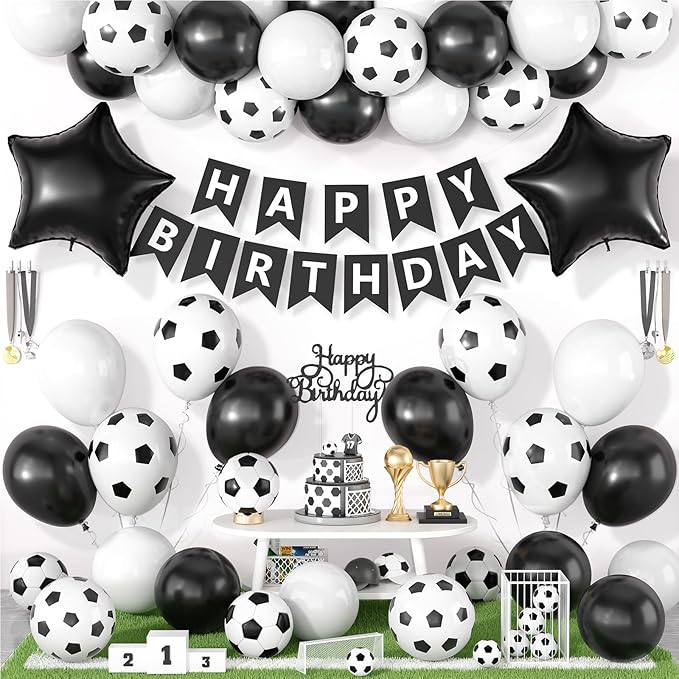 Soccer Birthday Party Decorations for Boys, Soccer Party Decoration with Black White Balloons Happy Birthday Banner Cake Toppers 18in Foil Balloon for Boys Men Girls Women Party Decor