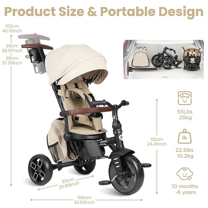 QPlay Toddler Bike Stroller for Baby 10 Months to 6 Years Old, 8-in-1 Foldable Stroller Bike for Toddlers 3-5 Boys & Girls Gifts Trike — Adjustable Handle, Triple Footrest, Canopy & Storage Bag