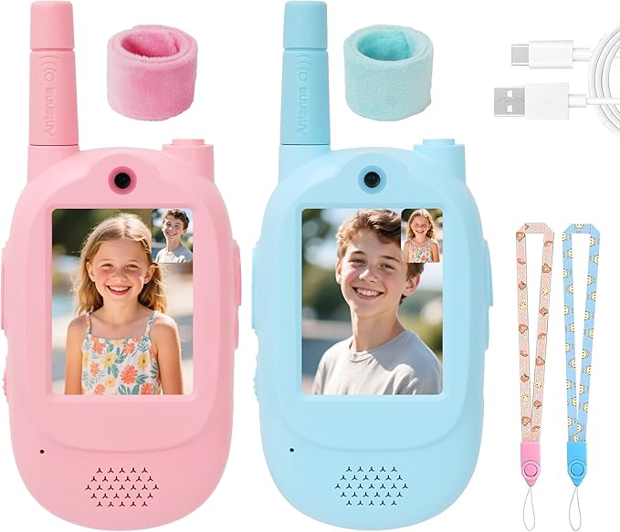 Video Walkie Talkies for Kids, Blue/Pink 2 Pack 1000 mAh Rechargeable Long Range Video walkie talkies, 3 Wearing Options Indoor Outdoor Toys for Family Games, Outside, Gifts for Boys Girls Ages 3-12