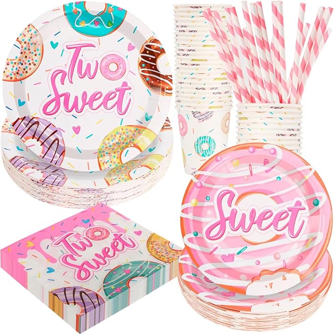 Two Sweet Donut Birthday Party Decorations, 120Pcs Donut Themed 2nd Birthday Donut Party Supplies Disposable and Delightful Tableware Includes Paper Plates, Napkins, Cups and Straws | Serves 24