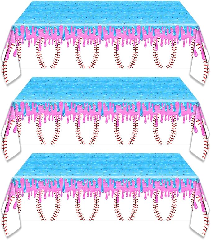 3Pcs Baseball Ice Cream Drip Birtrhday Party Tablecloth |108 x 54 Inch| Ice Cream Drip Summer Themed Plastic Tablecover Party Supplies