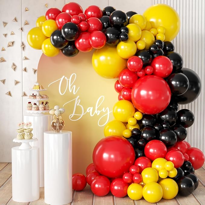 Red Black Yellow Balloon Garland Arch Kit, 155Pcs Latex Balloons Different Size 18 12 10 5 inch for Cartoon Game Baby Shower Birthday Party Supplies