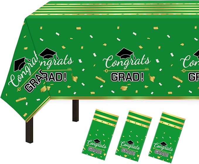 Childom 3 Pack Graduation Tablecloth,Graduation Decorations Class of 2026 Graduation Party Decorations,54"x108" Green and Gold Plastic Table Cloth Disposable Rectangle for Home,School,Party Supplies