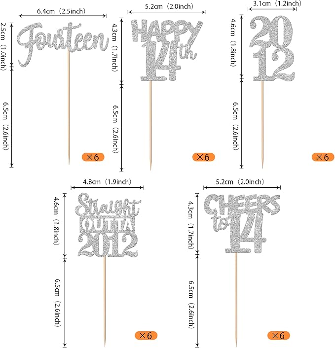 30PCS 14th Birthday Cupcake Toppers Glitter Fourteen Happy 14th Straight Outta 2012 Cupcake Picks for Cheers to 14 Years 14th Birthday Wedding Anniversary Party Decoration Supplies Silver