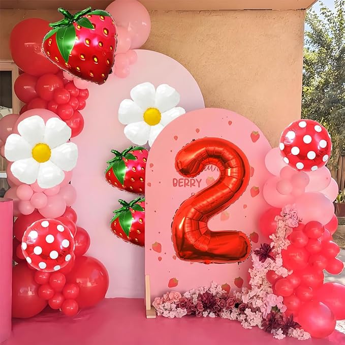 Strawberry Balloons Second Birthday Decorations for Girl, 40 Inch Mylar Red Number 2 Balloons, Strawberry Balloon for Strawberry Party Decorations, Strawberry Birthday Decorations