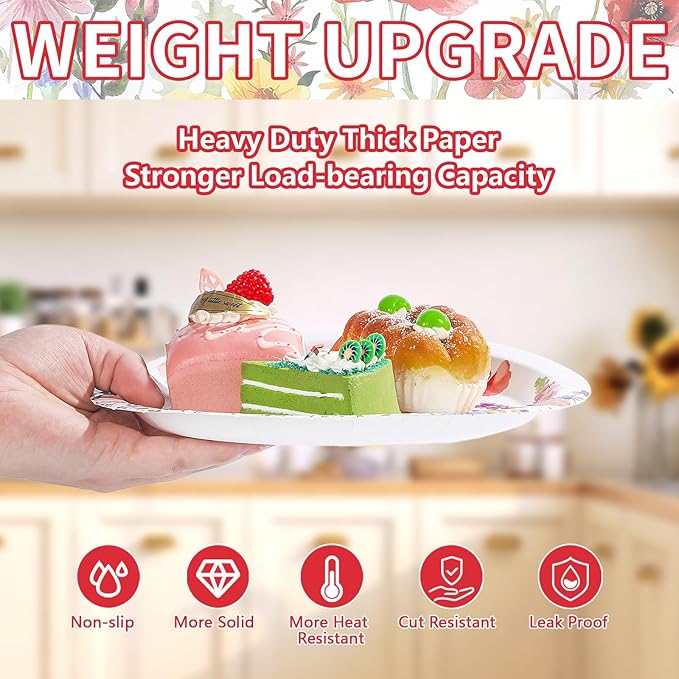 50Pcs Poppy Floral Party Supplies 9" Heavy Duty Watercolor Wildflowers Paper Plates Disposable Red Poppy Flowers Platter for Seasonal Bridal Shower Birthday Wedding Picnic Party Decorations