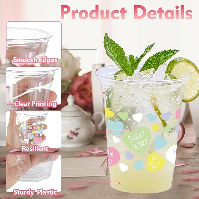100 Pcs Color Heart Theme Plastic Cups,12oz Valentine's Party Drinking Cup Romantic Heart Valentines Disposable Clear Cups for Anniversary Wedding Valentine's Party
