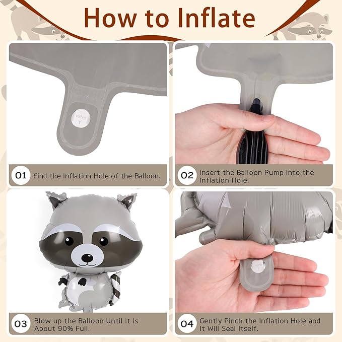 Raccoon Balloons - 6 Pcs Cute Foil Balloons for Woodland Animal Themed Party, Camping, Birthday, Baby Shower