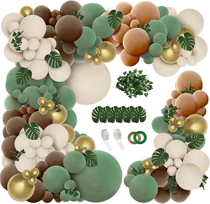 PERPAOL 148pcs Woodland Safari Jungle Wild One Balloon Garland Arch Kit Sage Green and Brown Sand white Balloons with Palm Leaves for Tropical Boho Birthday Party Supplies Baby Shower Decorations