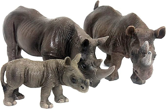 FUNSHOWCASE African Jungle Wild Animals Toy Rhinoceros Rhinos Figure Realistic Plastic Figurine Gifts for Kids, Cake Topper, Playset Lot 3-Piece