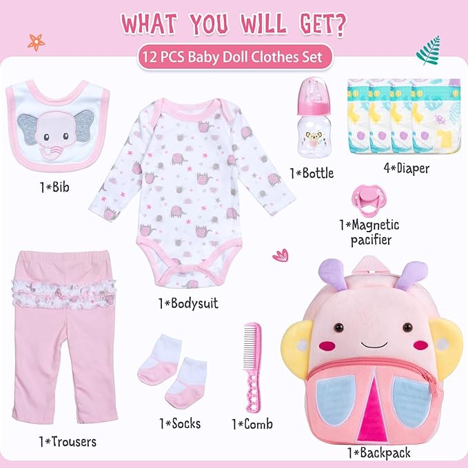 Reborn Baby Doll Clothes Pink Elephant 12 Pcs for 18-20 Inch Baby Doll Clothes Butterfly Backpack Diapers Accessories Girl