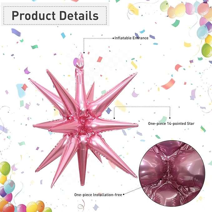 6 Pcs Silver Star Foil Balloons One-Piece 14-Pointed Star Balloon 4D Starburst Cone Mylar Balloon 22inch Christmas Birthday Wedding Wedding Anniversary Party Supplies (Pink)