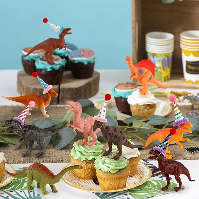 Hooqict 20Pcs Dinosaur Cake Decorations with Mini Birthday Party Hats Dinosaur Cake Topper for Kids Boys Girls Wild Animals Dino Themed Birthday Party Decorations Supplies
