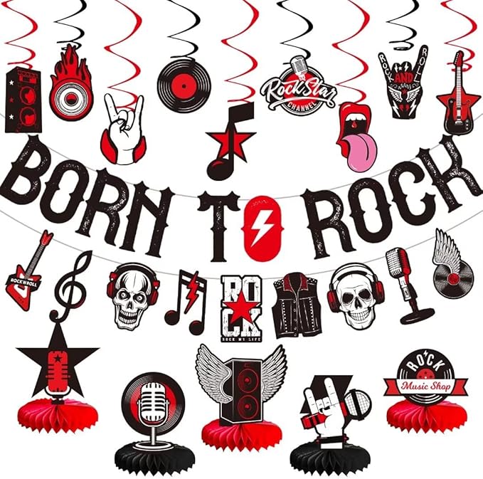 LARRAZABAL Rock and Roll Party Decorations Include Born to Rock Glitter Banner, Rock and Roll Hanging Swirls and Honeycomb Centerpieces for Birthday Baby Shower Party Supplies