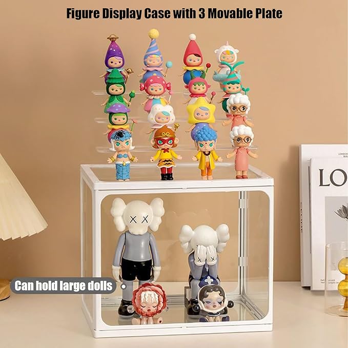 Large Glass Display Case for Figures with Light 3 Tier Clear Display Stand for Collectibles Stackable Assemble Display Box for Action Figures Toys Dustproof Clear Storage Box Showcase for Pop Mart