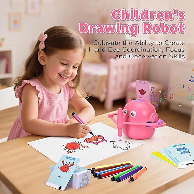 Drawing Robot for Kids, 12 Color Pens Funny Robot Drawing Machine, Voice Interaction Painting Robots Toy with 100 Word Cards, Novelty Drawings Robots Educational Interactive Toys, for Boys & Girls