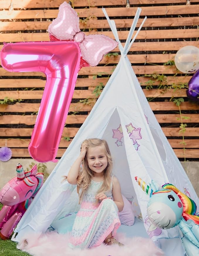 40 Inch Pink Number 7 Balloon with Mini Bow Balloon for Girls 7th Birthday Decorations, Pink Girl Mouse Princess Western Cowgirl Theme Birthday Party Balloons Decorations Supplies