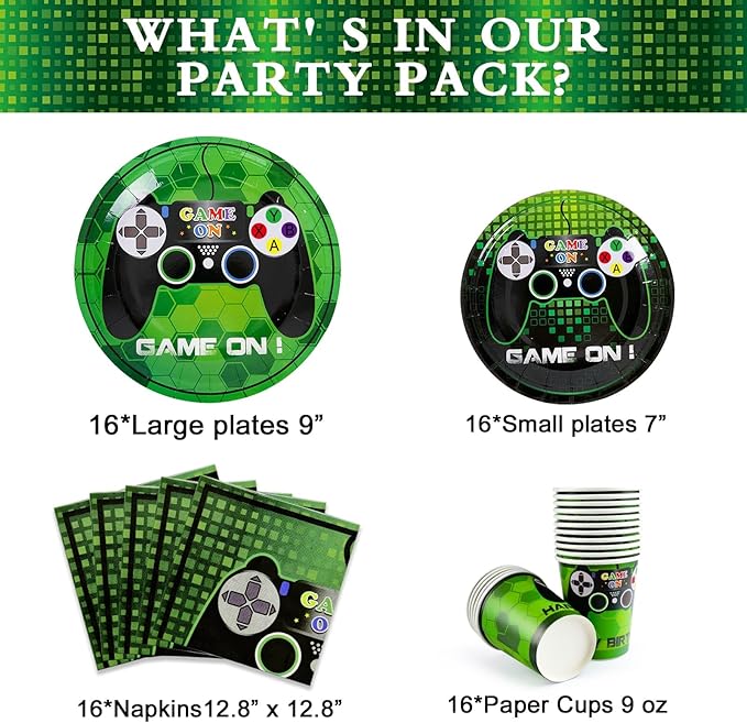 WERNNSAI Video Game Birthday Decorations - 64 PCS Game Plates Napkins and Cups Gaming Birthday Plates for Boys Gamer On Level Up Party Supplies for Gaming Theme Baby Shower Birth Anniversary Parties
